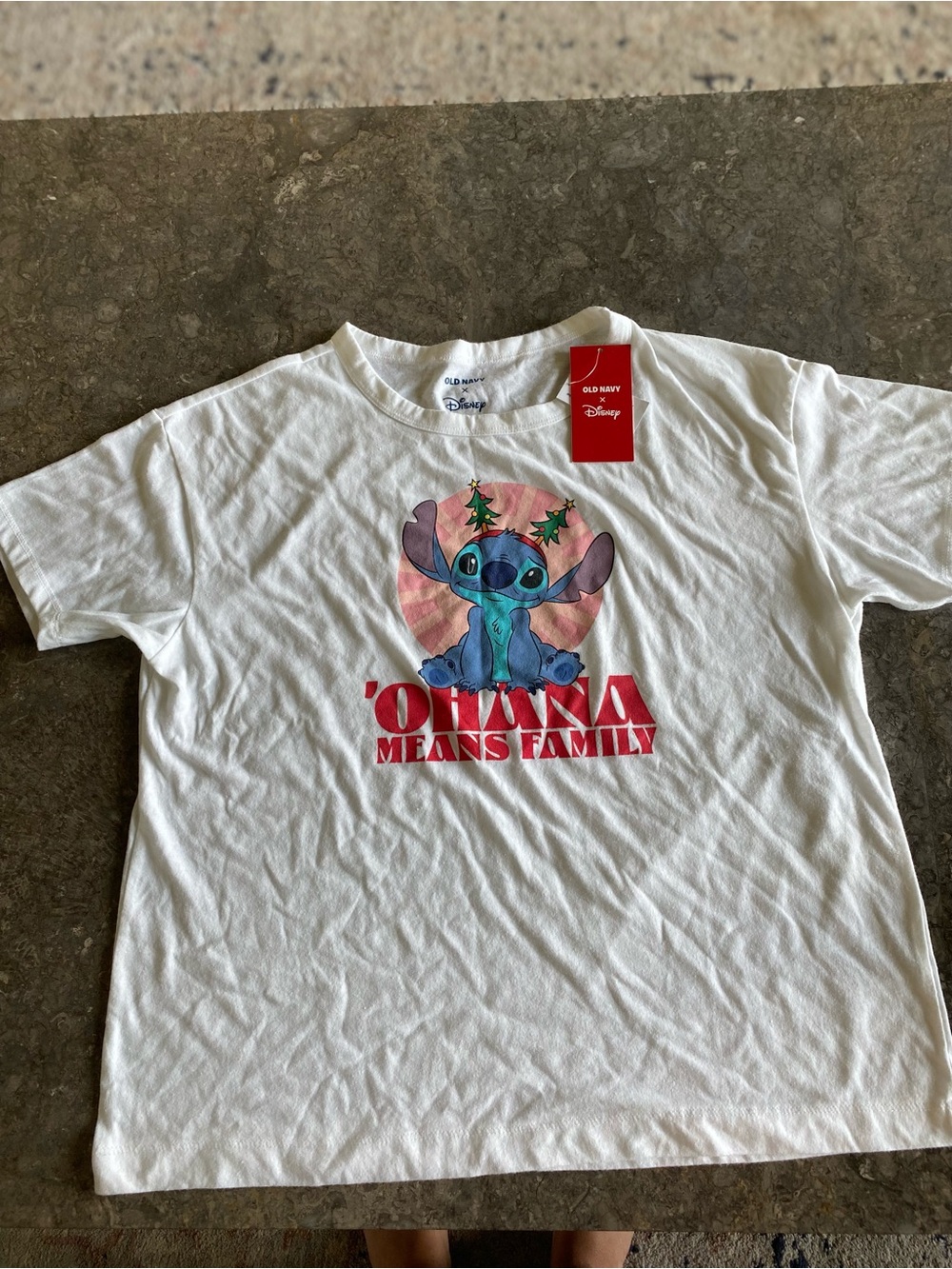 Old Navy White Tee with Blue Stitch 'Ohana Means Family' Holiday - NWT